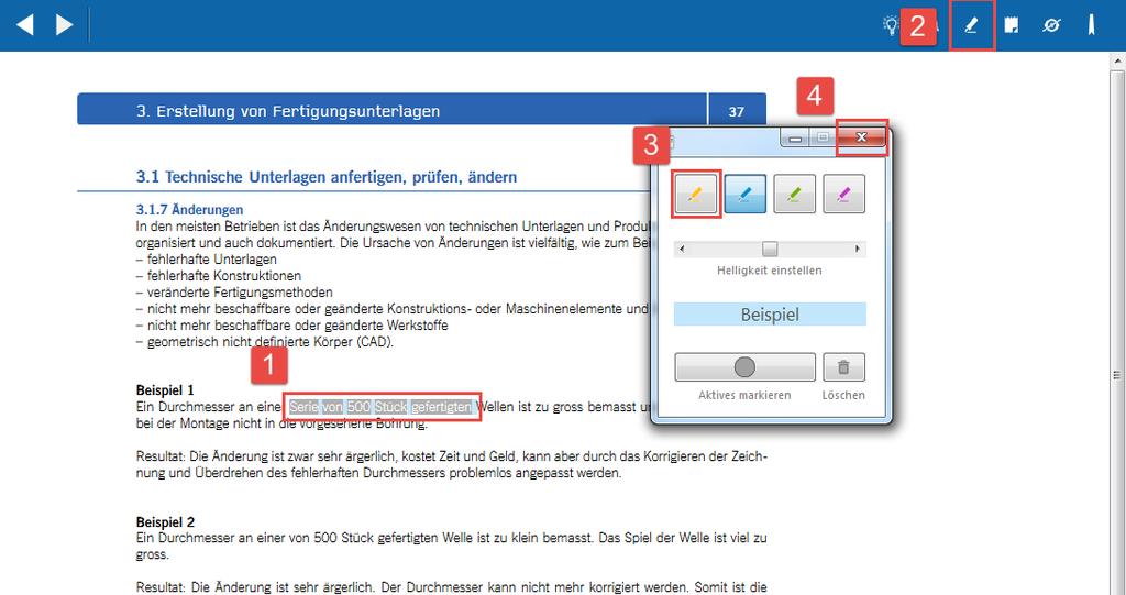 10 Handbuch Swissmem Swissmem ebooks ebooksfunktionen 6.3.1.3 Um die Farbe der Markierung zu ändern, wählen Sie erneut die Textstelle an (1).
