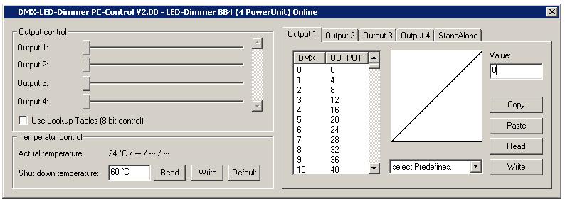 Konfiguration der LookUp-Tabellen DMX-LED-Dimmer BB4 12 Der DMX-LED-Dimmer BB4 verfügt über eine LookUp-Tabelle je Ausgang. Der empfangene DMX-Kanal hat Werte von 0 bis 255.