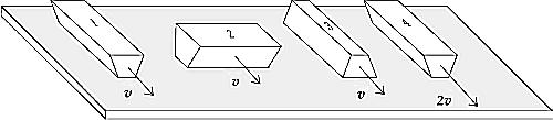Vier identische Blöcke (1 bis 4) bewegen sich auf einer schrägen Oberfläche, jeweils mit dem Gleitreibungskoeffizienten R,g zur Oberfläche.