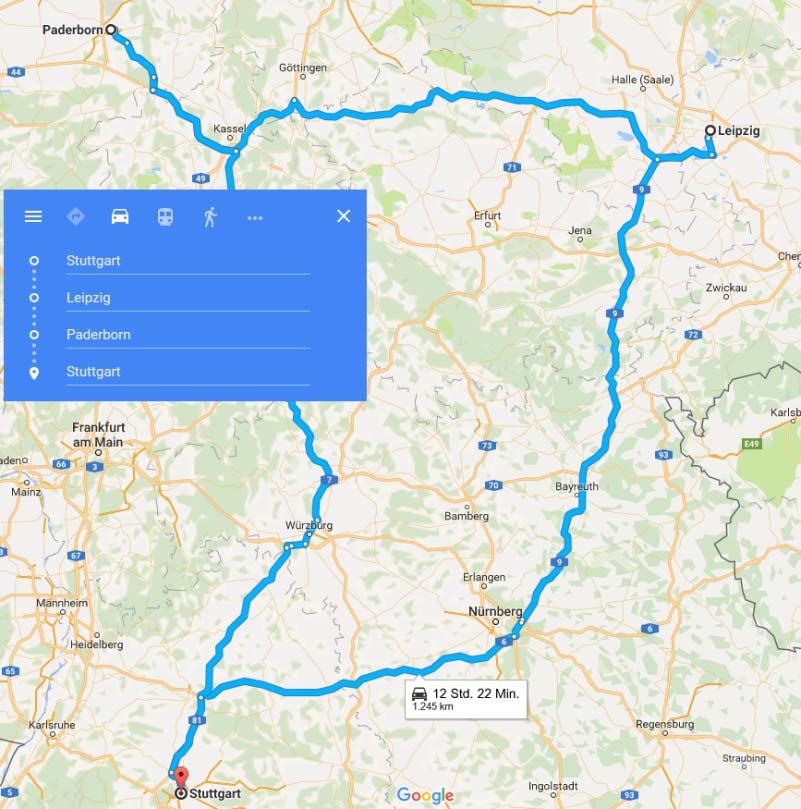1245 km round trip 12h:22 min Stuttgart  920 km round