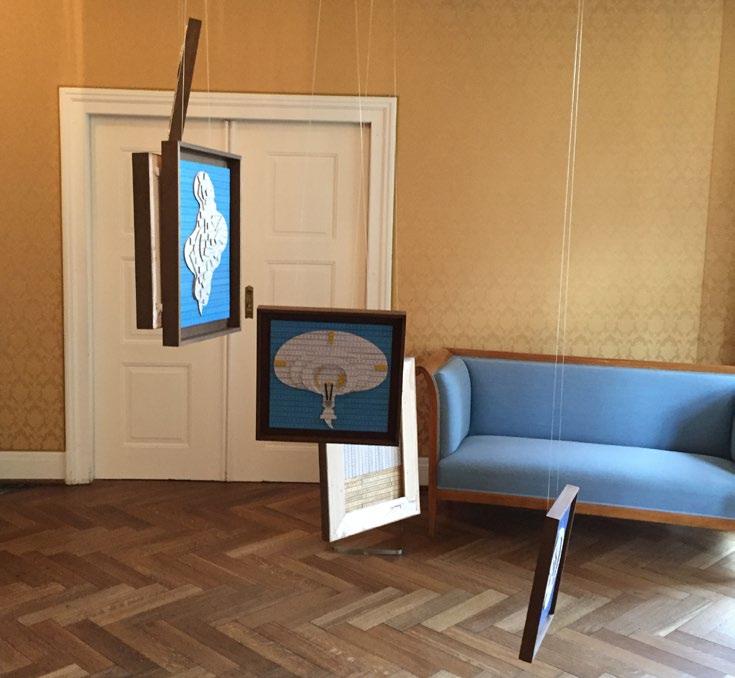 Sträuli Talk 2015 Installation aus 6 geramten Klappmeterreliefs die im Sallon der Villa Sträuli