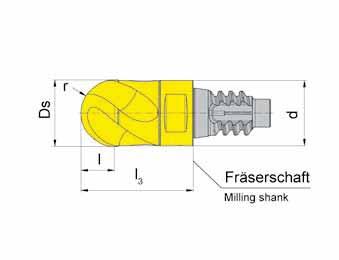 KOPIERFRÄSEN COPY MILLING SCHNEIDKOPF CUTTING INSERT e DGK Kugelfräser 180 Ballnose milling head 180 für Fräserschaft for use with Milling shank e Abbildung = rechtsschneidend Picture = right hand