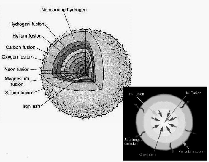 Schalenstruktur: In der Schalenstruktur laufen in den verschiedenen Schichten die verschiedenen Kernprozesse ab. Das Bild zeigt die Schalenstruktur eines alten massereichen Sterns.