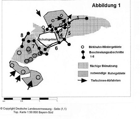 Abbildung 1: Gesamtübersicht über das Skigebiet mit den Beschneiungsabschnitten 1 bis 8, flächiger Skinutzung, Tiefschneeabfahrten und notwendigen Ruhegebieten für Birkhühner Erläuterungen zur