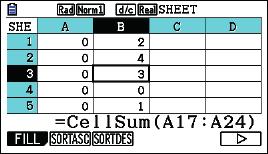 2) Um die Anzahl der Einser in den Achterblöcken bestimmen zu können, verwendet man den Befehl Cellsum, den man wie folgt findet: r(cel) y(sum) In der Zelle B1 wird die Teilsumme der Zellen A1 bis A8