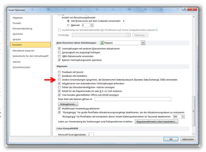 Hierzu muss die Option Andere Anwendungen ignorieren, die dynamischen Datenaustausch (Dynamic Data Exchange, DDE) verwenden deaktiviert werden. Im Anschluss lassen sich Dateien, wie beispielsweise.