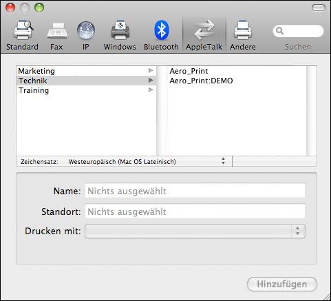 MAC OS X 22 DRUCKER HINZUFÜGEN - DRUCKVERBINDUNG APPLETALK HINWEIS: Führen Sie die Schritte dieser Anleitung aus, wenn der EX Print Server und Ihr Computer unterschiedlichen AppleTalk Zonen angehören.