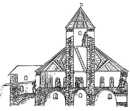 Rekonstruktionsversuch Am Ende des 12. Jh. werden der Rundturm mit der halbrunden Apsis, etwas später die Sakristei, errichtet.