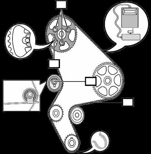 EINBAUEN 1) Die Spannrolle und die Umlenkrolle wieder einbauen 2) Die Schrauben des Nockenwellenrads um eine 1/6 Umdrehung lösen (Nr.