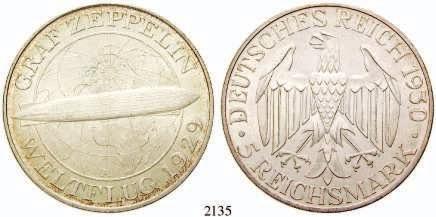 vom Stein. J.348. vz 120,- 2134 5 Reichsmark 1930, A. Zeppelin. J.343. Prachtexemplar.