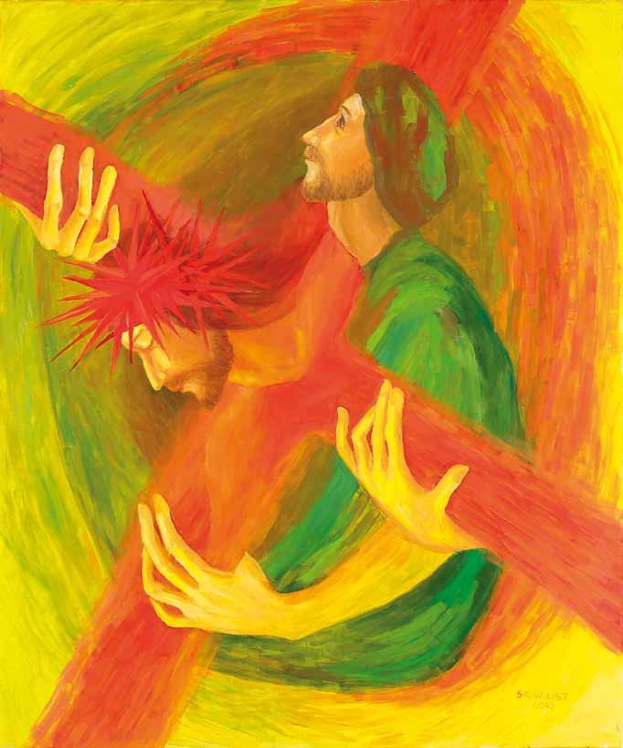 5. Station Simon von Cyrene hilft Jesus das Kreuz tragen, 2013, Öl auf Leinwand, 100 x 120 cm Als sie Jesus hinausführten, ergriffen sie einen Mann aus Cyrene namens Simon, der gerade vom Feld kam.
