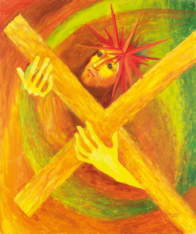 2. Station Jesus nimmt sein Kreuz auf sich, 2012, Öl auf Leinwand, 100 x 120 cm Da nahmen die Soldaten des Statthalters Jesus, führten ihn in das Prätorium, das Amtsgebäude des Statthalters, und