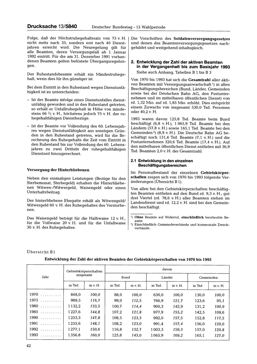 Drucksache 13/5840 Deutscher Bundestag -13. Wahlperiode Folge, daß der Höchstruhegehaltssatz von 75 v. H. nicht mehr nach 35, sondern erst nach 40 Dienstjahren erreicht wird.