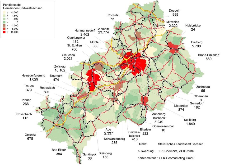 Abbildung 2.2: Die Pendlersalden der Gemeinden Südwestsachsens im Jahr 2014 Auf der Karte sind die Gemeinden, welche einen positiven Saldo (d. h. größer gleich null) ausweisen, markiert.