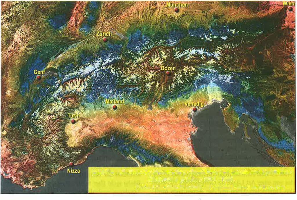 Satellitenaufnahme der Alpenreglon, eingefärbt nach den mittleren jährlichen Niederschlagshöhen 1971 1990. RCU/che Gallsle lrvcbn (<600 nrm), fliimi Goblolo ftucltl (>1500 mm).