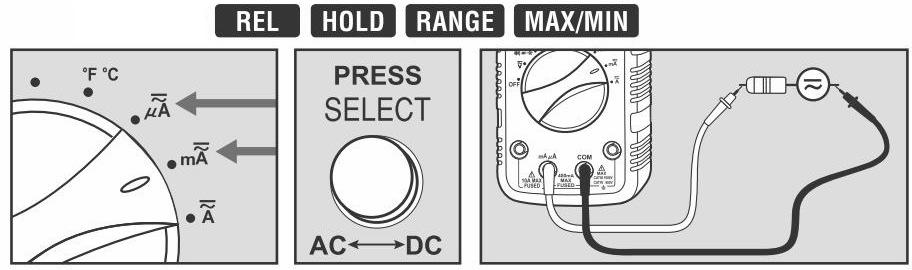 Wechseln Sie mit der Select-Taste zwischen AC und DC. 3.