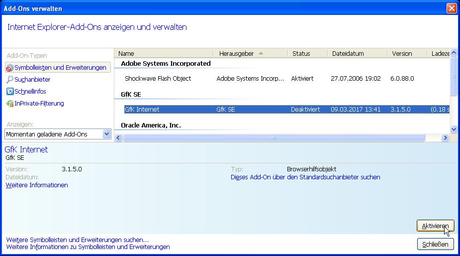 GfK Add-On Aktivierung im Internet Explorer 8 (in Windows XP) 3 4 GfK Internet auswählen und anschließend auf Aktivieren klicken.