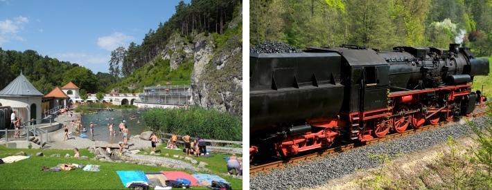 Von Ebermannstadt aus kann man einen einzigartigen Ausflug mit dem historischen Dampfzug, der Dampfbahn Fränkische Schweiz unternehmen, die ihre Fahrgäste einmal quer durch die herrliche Landschaft