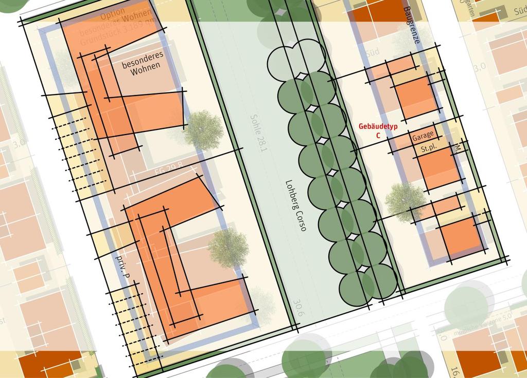 Ausschnitt Zentrales Quartier am Lohberg Corso (WA 4) Bebauungsvorschläge