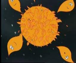 Hui! Nun werfen wir einen Blick ins Weltall. Der Ball, der hier Licht und Wärme zur Erde sendet, ist die Sonne. Aber woraus besteht die Sonne?