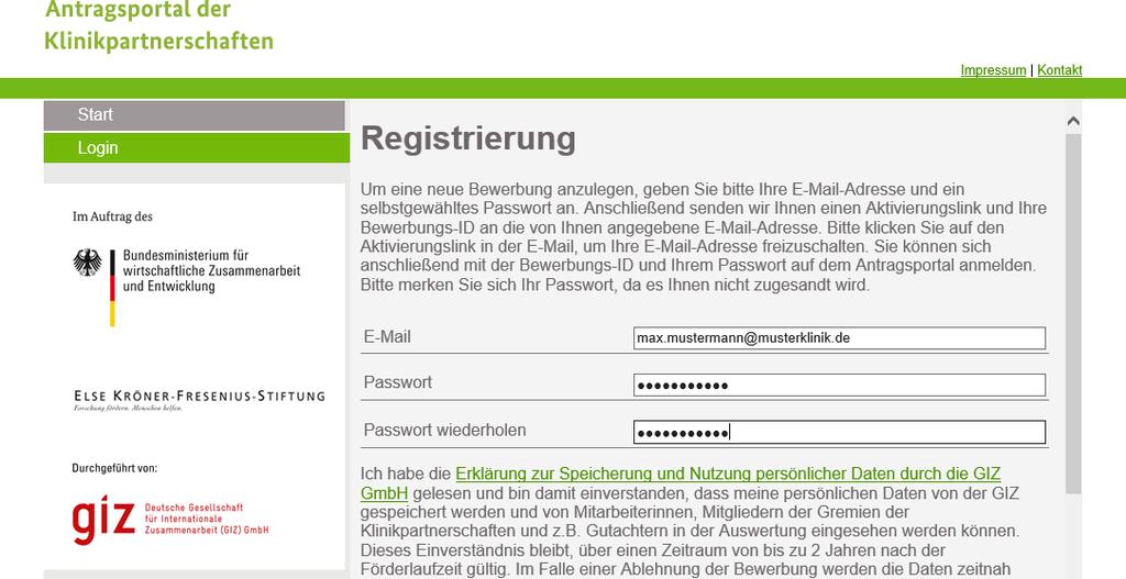 Unter dem Punkt Registrierung können Sie nun durch Klicken auf das -Symbol eine Bewerbungs-ID anfordern und Ihren Zugang beantragen.