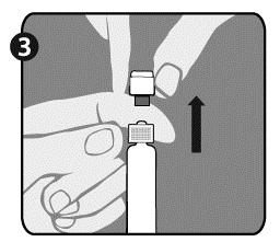 Schritt 3: Ziehen Sie die Kappe (A) mit der daran befestigten grauen Spitzenabdeckung (B) ab. Berühren Sie dabei nicht die sterile Spritzenspitze (C).