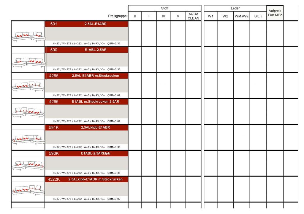 Seite 14 Seite von 20 14 von 20 Preisgruppe II III IV V W1 W2 WM/W9 SILK Fuß MF2 1'928,- 1'990,- 2'118,- 2'203,- 2'273,- 2'770,- 2'901,- 3'099,- 4'016,- 53,- 1'928,- 1'990,- 2'118,- 2'203,- 2'273,-