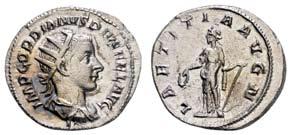 : FELICIT TEMP, Felicitas von vorn stehend, Kopf nach links, Füllhorn in der linken Armbeuge, Caduceus in der rechten Hand, 3,97 g,, C. 71 RIC 140, ss-vz 10145 10145 F 60 Gordianus III.