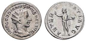 : ROMAE AETERNAE, Roma sitzt nach links auf Schild und hält Viktoria sowie Speer, 4,01 g,, C. 314 RIC 70, ss-vz 10155 F 10 Gordianus III.