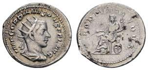 sitzend, unter Stuhl Rad, 4,18 g,, RIC 144 RSC 98, ss-vz 10178 10178 F 50 Gordianus III., 238-244, AR Antoninian, 243-244, Rom, Av.