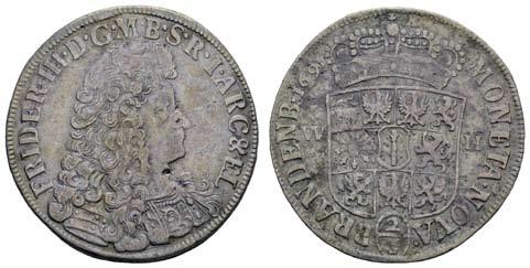 Brandenburg-PreuSSen 10239 F 90 Friedrich III. 1688-1701, 2/3 Taler = Gulden, 1691, Emmerich, Av.
