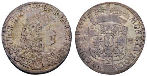 Schrötter 300, ss+ 21 10236 10236 F 90 Friedrich III. 1688-1701, 2/3 Taler = Gulden, 1691, Emmerich, Av.