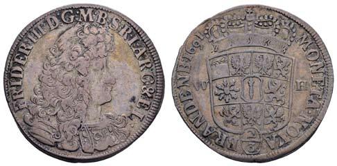 Schrötter 300, ss 10240 10240 F 80 Friedrich III. 1688-1701, 2/3 Taler = Gulden, 1691, Emmerich, Av.