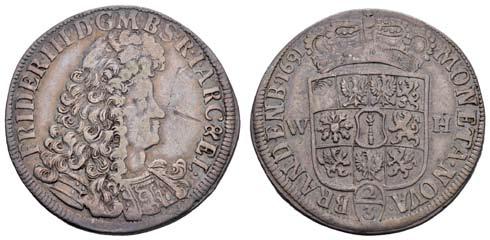 Schrötter 300, ss+ 10241 10241 F 80 Friedrich III. 1688-1701, 2/3 Taler = Gulden, 1691, Emmerich, Av.