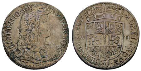 Schrötter 300, ss+ 10238 10238 F 90 Friedrich III. 1688-1701, 2/3 Taler = Gulden, 1691, Emmerich, Av.