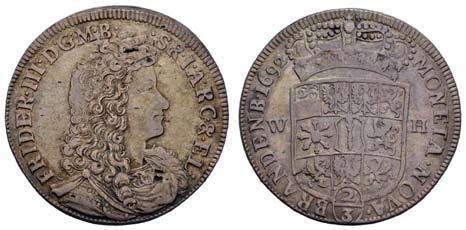 22 10246 F 70 Friedrich III. 1688-1701, 2/3 Taler = Gulden, 1692, Emmerich, Av.: Büste im Harnisch nach rechts, Rv.: bekröntes Wappen zwischen W-H über Wert, Walzenprägung, 16,08 g,, Dav. 282 v.