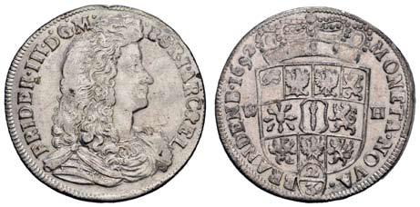 : bekröntes Wappen zwischen W-H über Wert, Walzenprägung, 17,43 g,, Dav. 282 v. Schrötter 311, ss+ 10247 10247 F 90 Friedrich III. 1688-1701, 2/3 Taler = Gulden, 1693, Emmerich, Av.