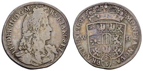 1688-1701, 2/3 Taler = Gulden, 1692, Emmerich, Av.: Büste im Harnisch nach rechts, Rv.: bekröntes Wappen zwischen W-H über Wert, Walzenprägung, 17,07 g,, Dav. 282 v.