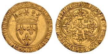 , 1380-1422, Ecu d'or à la couronne, ohne Jahr (ab 1385), Av.: gekröntes Lilienwappen, CAROLVS DEI GRACIA FRANCORVM REX, Rv.