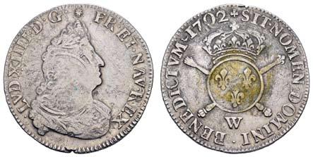 1643-1715, Demi-Ecu aux insignes, 1702, Lille, Überprägungsspuren, Schrötlingsfehler,