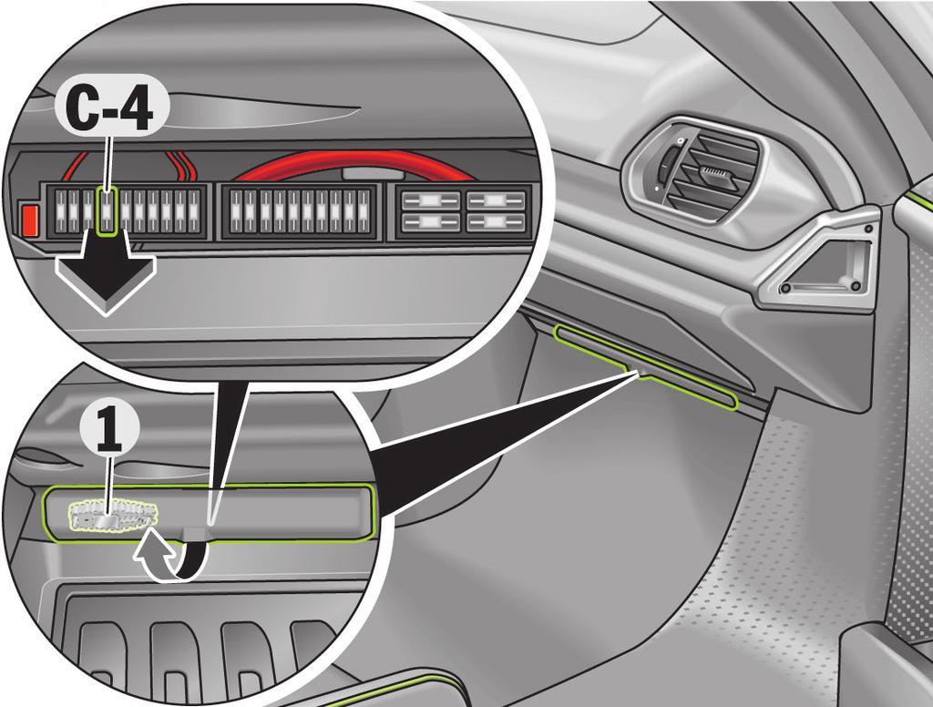 Sicherstellen, dass kein Fremdstartkabel an das Fahrzeug angeschlossen ist. 2. Unterbodenverkleidung und Abdeckung der 12-Volt-Batterie im Fahrzeugtunnel entfernen. 3.