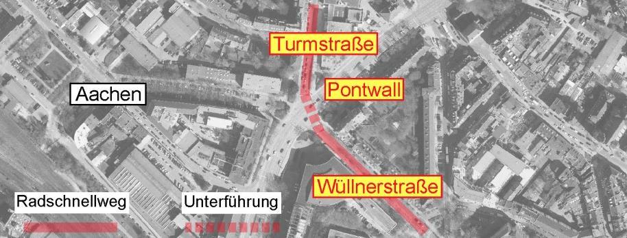Im Rahmen der Konkretisierung der Radschnellwegplanung sollte in Abstimmung mit den Planungszielen der Stadt Aachen die planfreie Querung des Knotens Turmstraße/Pontwall durch Ausbau der vorhandenen
