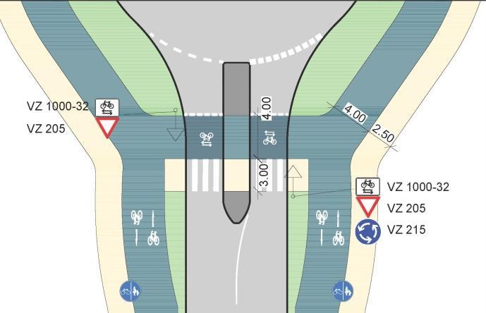 Prinzipiell sind zwei Möglichkeiten der Querung über einen Arm denkbar. Der Radweg ist der Fahrbahn untergeordnet (siehe Abb. 32) oder der Radweg quert mit Bevorrechtigung (siehe Abb. 33).