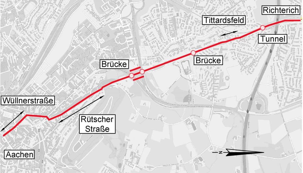 Streckenbeschreibung mit Führungselementen der ausgewählten Variante 63 4.1 Abschnitt Aachen Richterich Abb. 37: Übersicht Abschnitt Aachen Richterich Der Abschnitt ist ca.