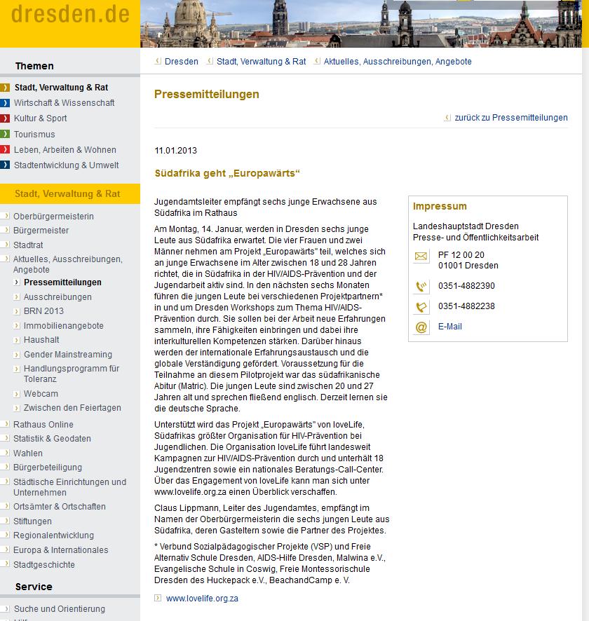 Webseite Dresden, Europawärts,