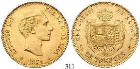angelaufen, PP 370,- 311 25 Pesetas 1879 (1879), EM-M. Portrait / Wappen. Gold.