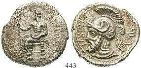 Thronender Baaltars l., hält Zepterstab, dahinter aramäische Schrift / Kopf des bärtigen Ares l.