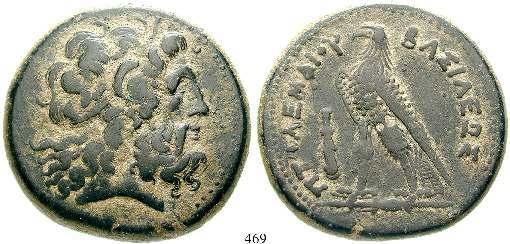 Kopf des Zeus-Ammon r. mit Diadem / Adler l. auf Blitzbündel; Beizeichen Keule im l. Feld. Svoronos 103; Weiser 53.