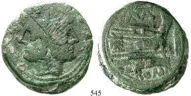 , darüber ROMA, darunter drei Wertkugeln. Cr.56/5. feine grüne Patina. f.ss 285,- 543 AE-Uncia, Rom. 3,74 g. Kopf der Roma r.