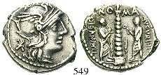 Minucius Augurinus, 134 v.chr. Denar 134 v.chr., Rom. 3,87 g. Behelmter Kopf der Roma r.